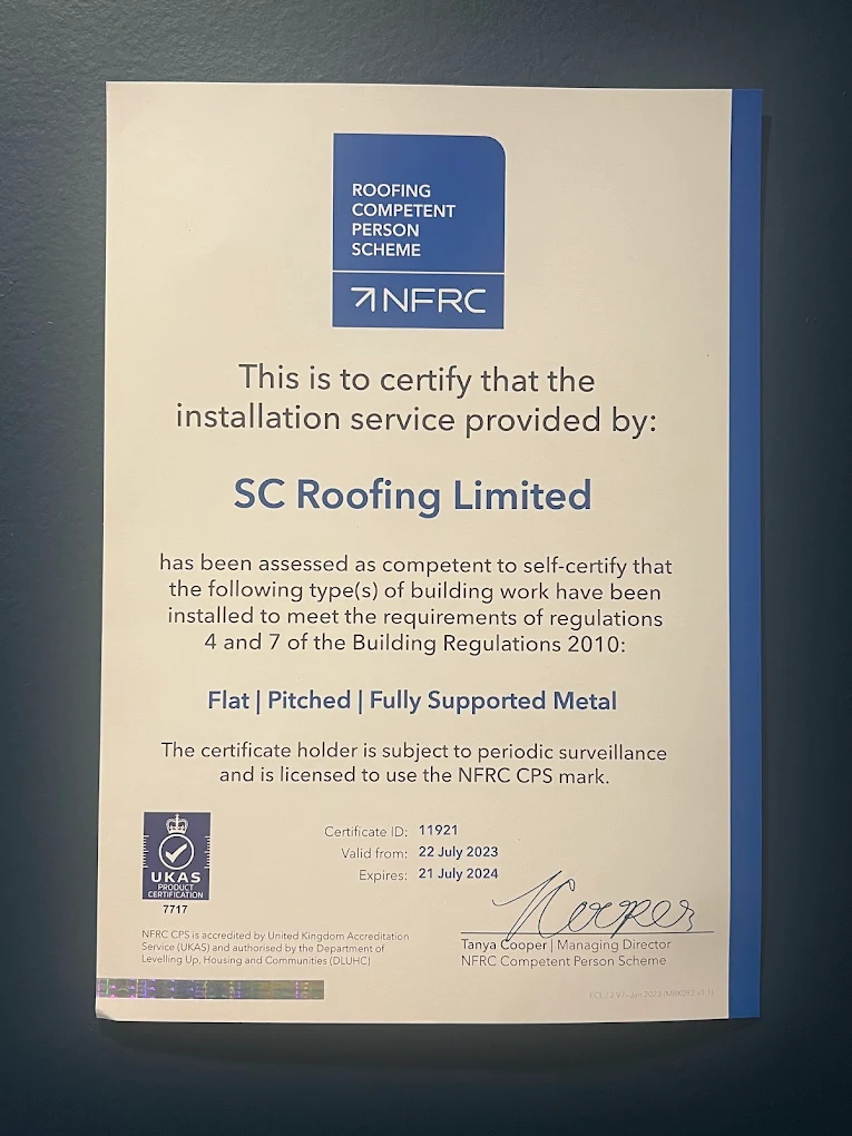 NFRC Competent Person Scheme certificate — SC Roofing Ltd